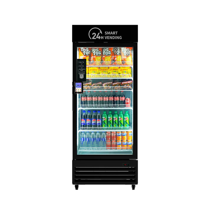 Max 620S Smart Display Vending Machine with large HD touchscreen stocked with drinks and snacks