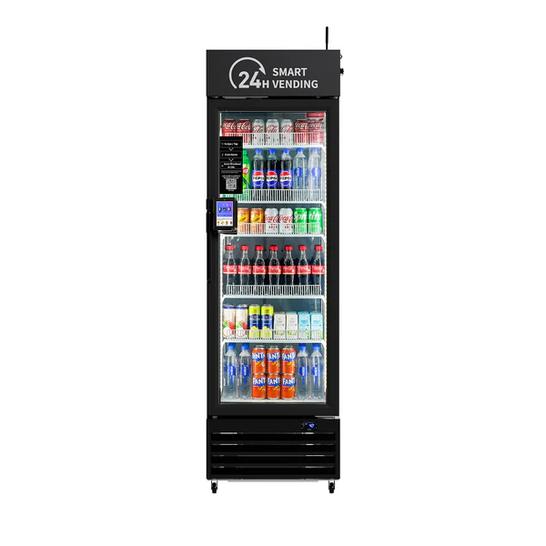 Mini 360 Smart Vending Machine product image showing refrigerated smart vending machine with glass door and products inside.
