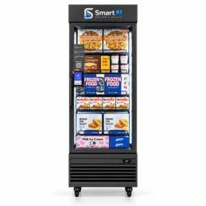 HAHA Freezer 550 Smart Vending Freezer stocked with frozen meals and packaged frozen products behind a glass-fronted display.