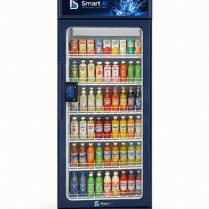 SandStar SRK AI Retail Kiosk stocked with bottled and canned drinks behind a glass-fronted refrigerated display.