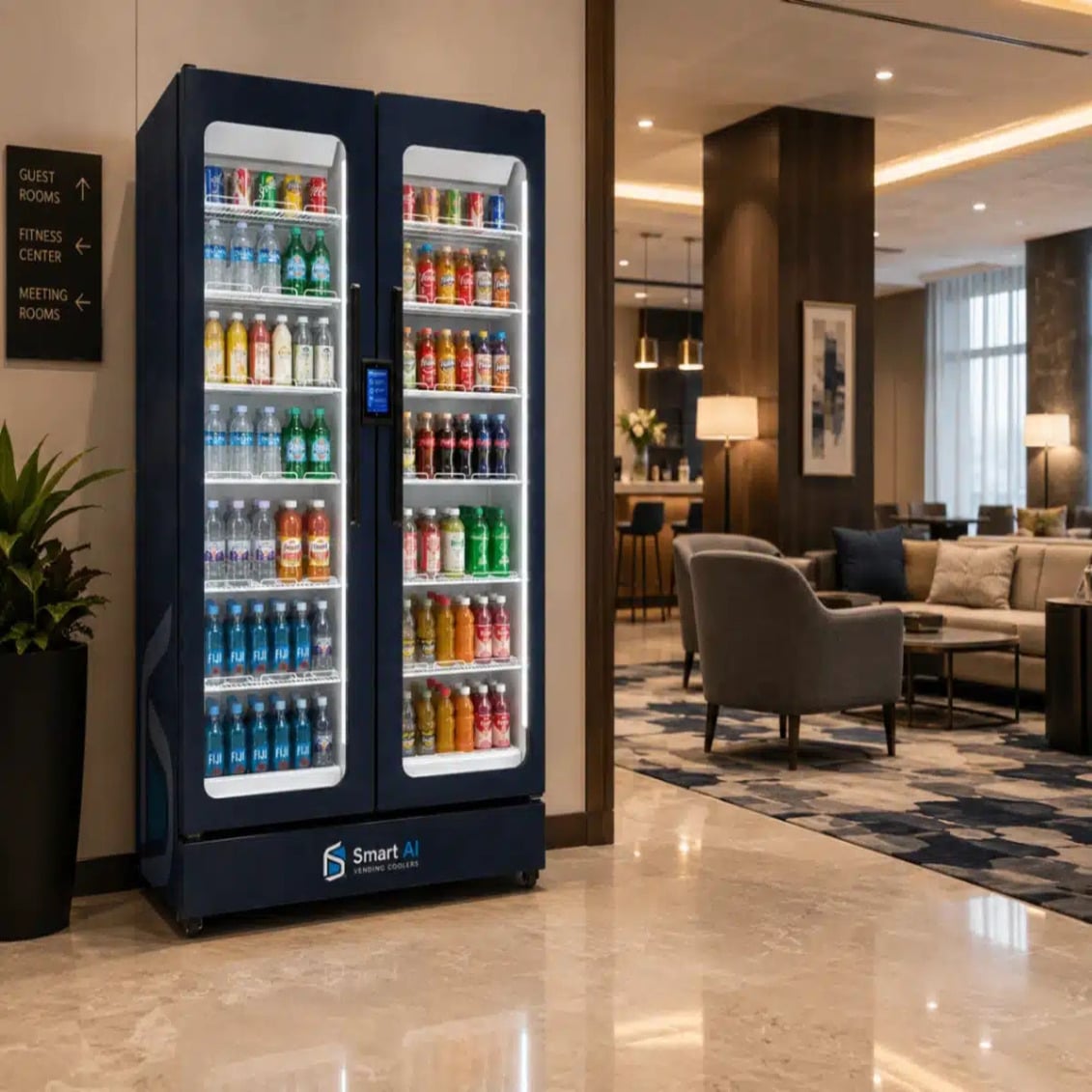 SandStar SK2 smart AI vending machine installed in a hotel lounge