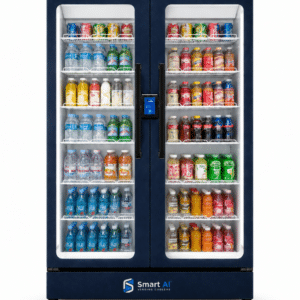 SandStar SRK2 Double-Door AI Vending Machine stocked with bottled and canned drinks across two refrigerated display sections.
