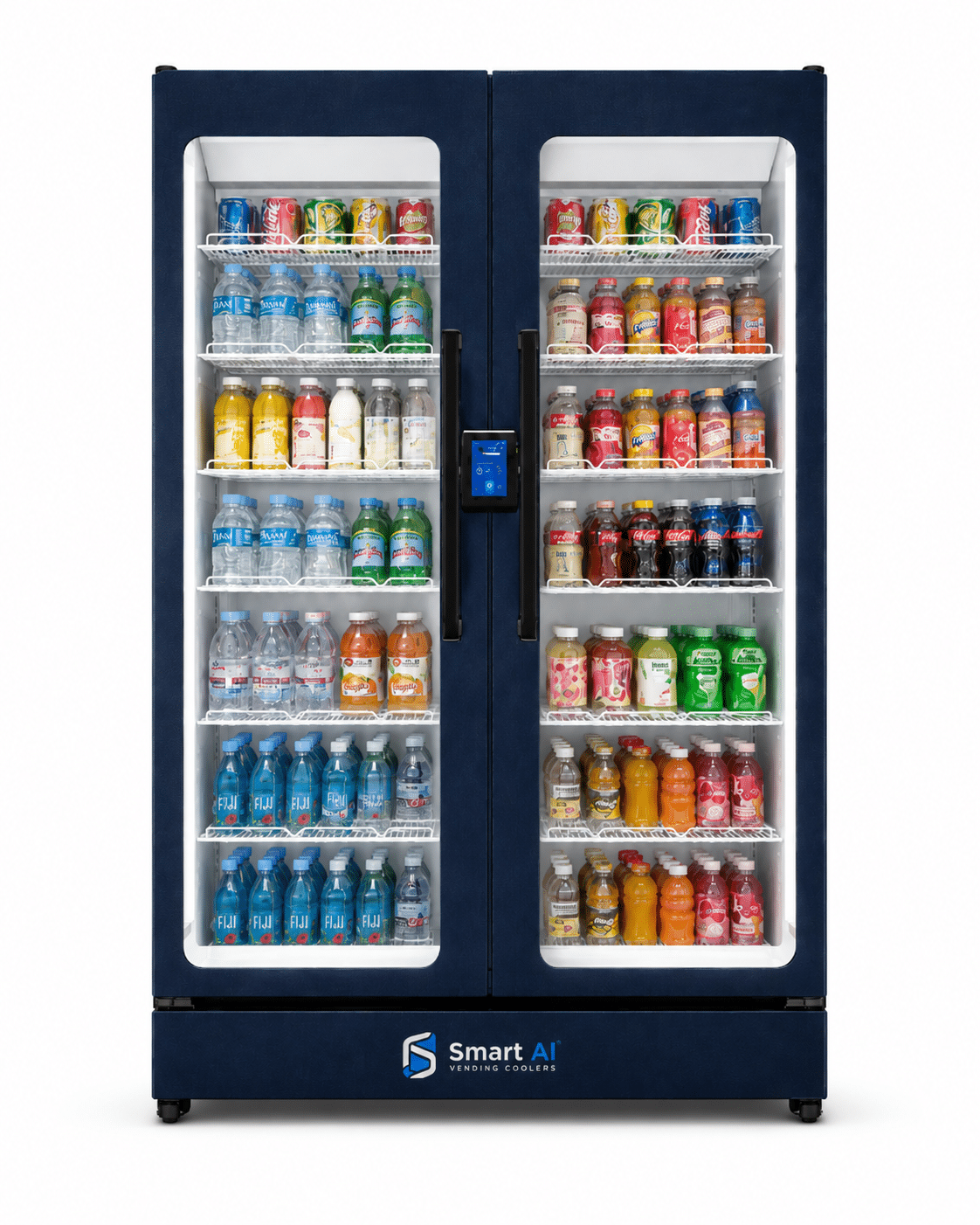 SandStar SRK2 Double-Door AI Vending Machine stocked with bottled and canned drinks across two refrigerated display sections.