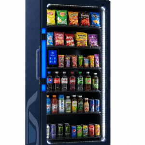 Sandstar VRK Pro AI Smart Vending Cooler stocked with drinks and snacks behind a glass-fronted refrigerated display.