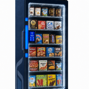 SandStar VRK Freezer AI Retail Kiosk stocked with frozen food products behind a glass-fronted display.