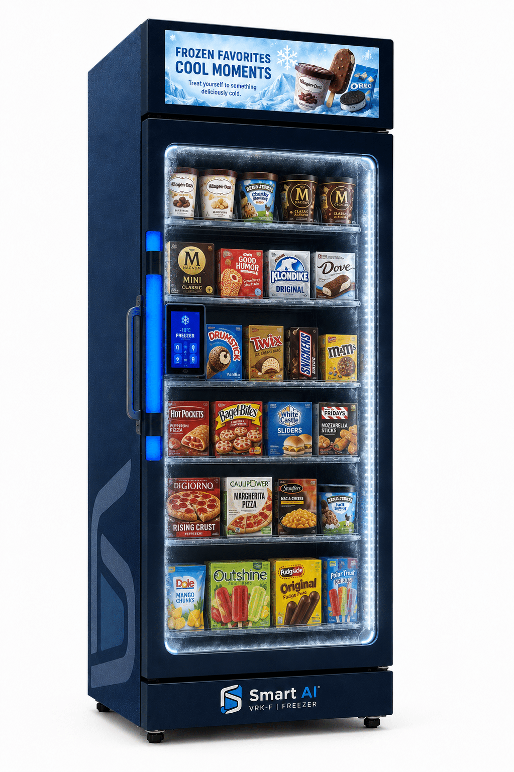 SandStar VRK Freezer AI Retail Kiosk stocked with frozen food products behind a glass-fronted display.