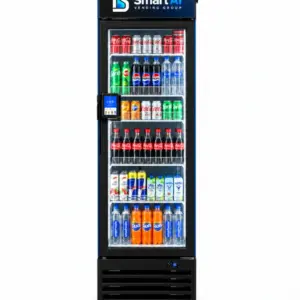 HAHA Mini 360 Smart Vending Machine stocked with chilled bottled and canned drinks behind a glass-fronted refrigerated display.