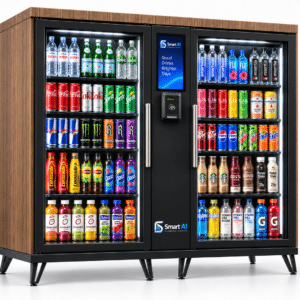 SandStar EXE2 Dual-Climate AI Retail Kiosk stocked with bottled and canned drinks across two glass-fronted display sections.
