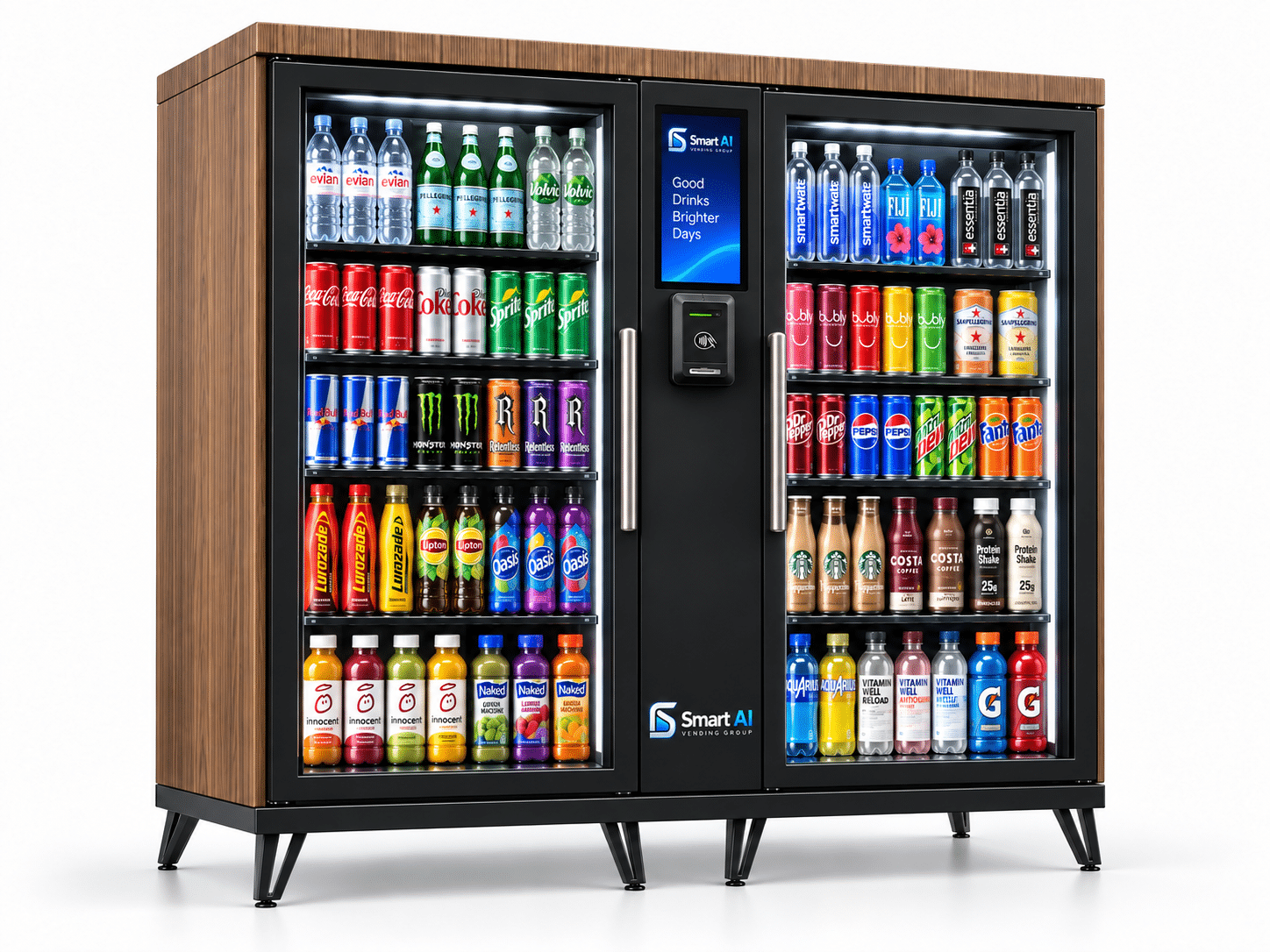 SandStar EXE2 Dual-Climate AI Retail Kiosk stocked with bottled and canned drinks across two glass-fronted display sections.
