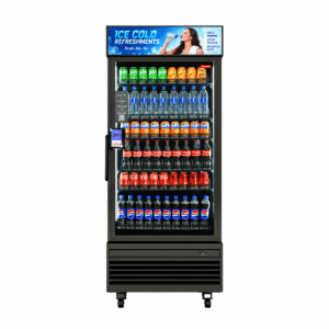 HAHA Max 620S Smart Display Vending Machine stocked with chilled drinks and fitted with a digital advertising screen above the refrigerated cabinet.