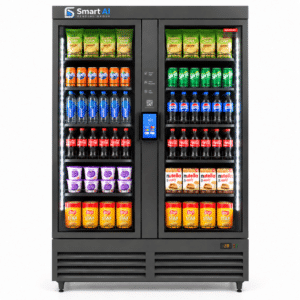 HAHA Ultra 1200 Smart Vending Machine with double glass doors, stocked with chilled drinks and packaged products.