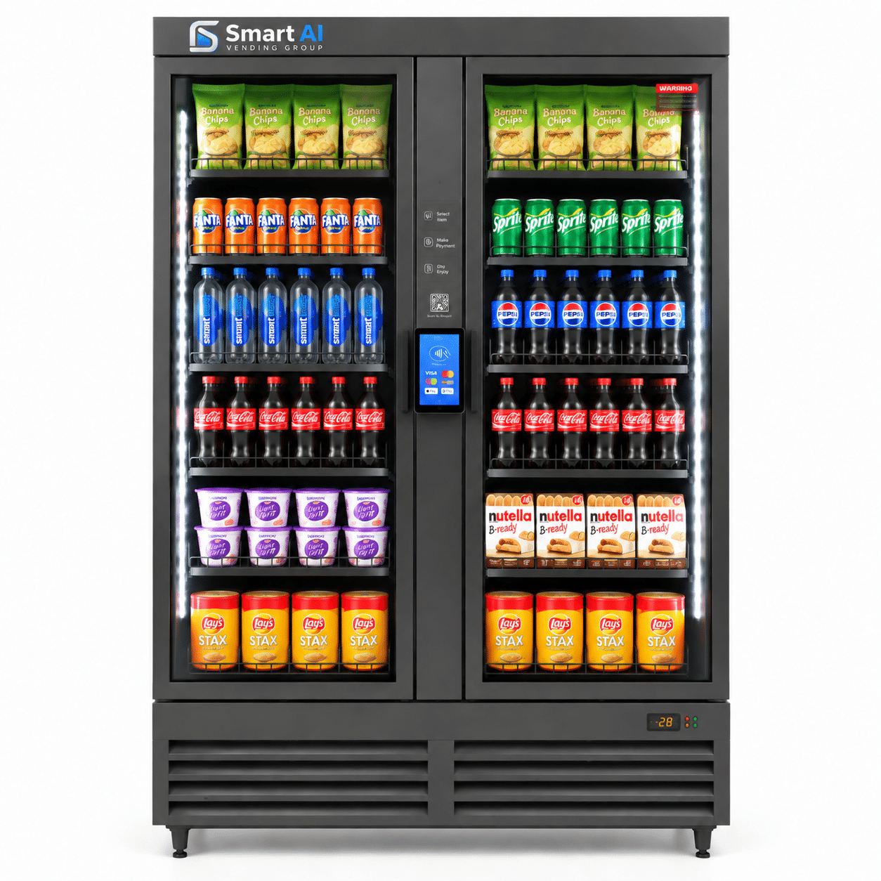 HAHA Ultra 1200 Smart Vending Machine with double glass doors, stocked with chilled drinks and packaged products.